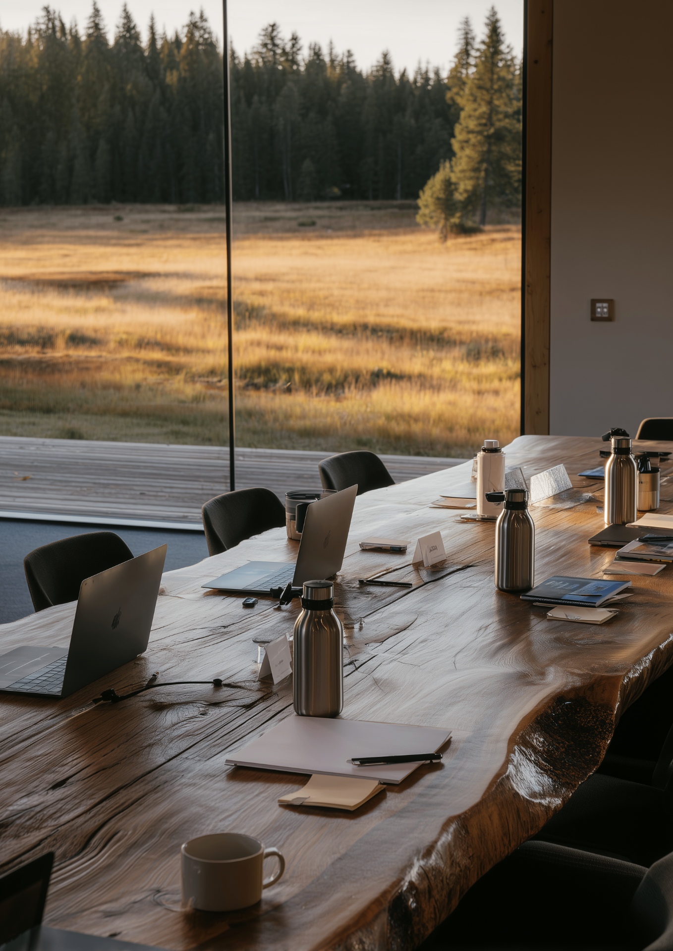 Table de travail avec vue sur la prairie au Domaine Aïmat